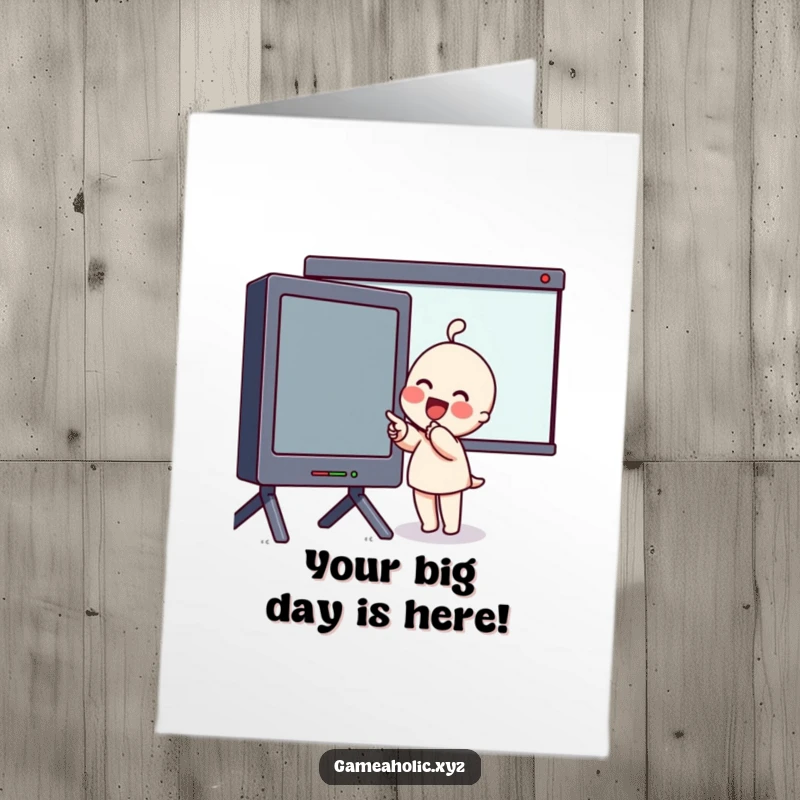 Funny Free Printable Birthday Card: Character with rosy cheeks pointing excitedly at a massive screen, celebrating a birthday surprise.