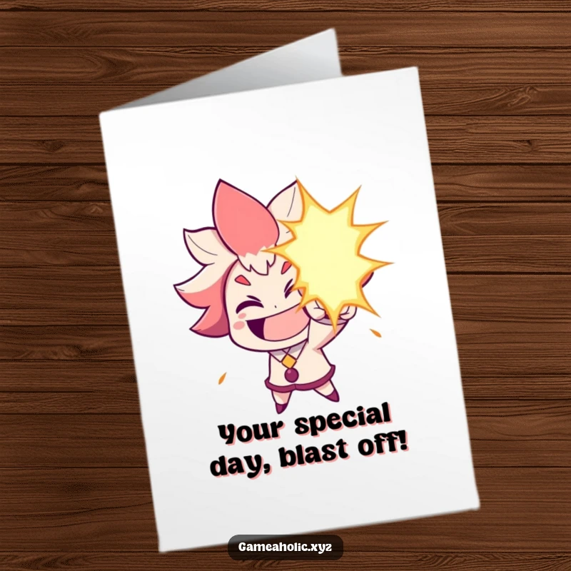 Funny free printable birthday card featuring a grinning character unleashing a comical energy blast, ready to rock their special day.