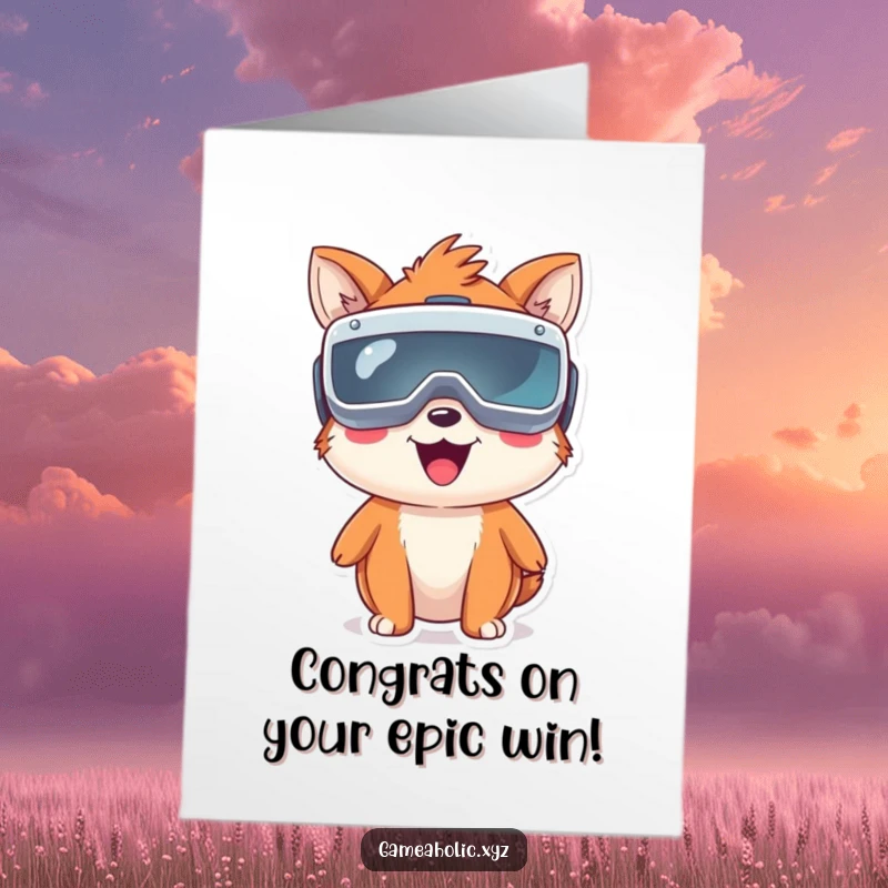 Funny Free Printable Congratulations Card showing a happy animal with huge VR goggles, celebrating achievements in a virtual world.