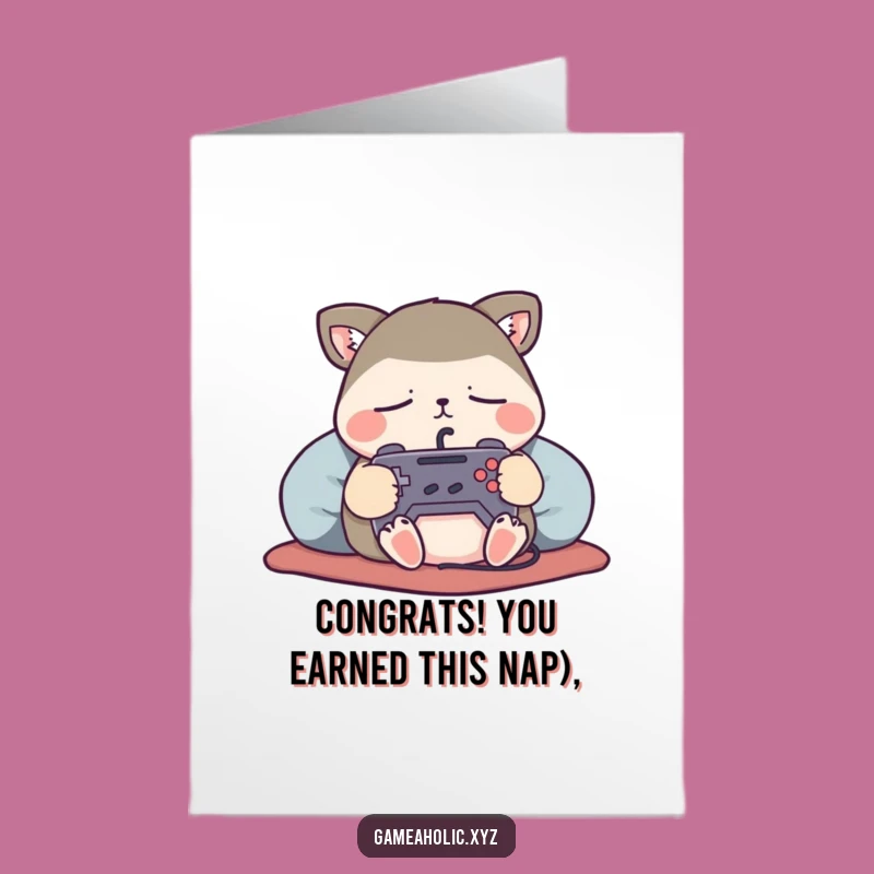 Free Printable Congrats Card: Sleeping Gamer Animal Victory Funny Downloadable Gift