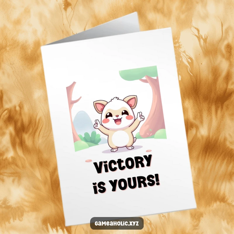 Funny Free Printable Congratulations Card showing a joyful digital creature in a triumphant victory pose, celebrating success in a vibrant world.