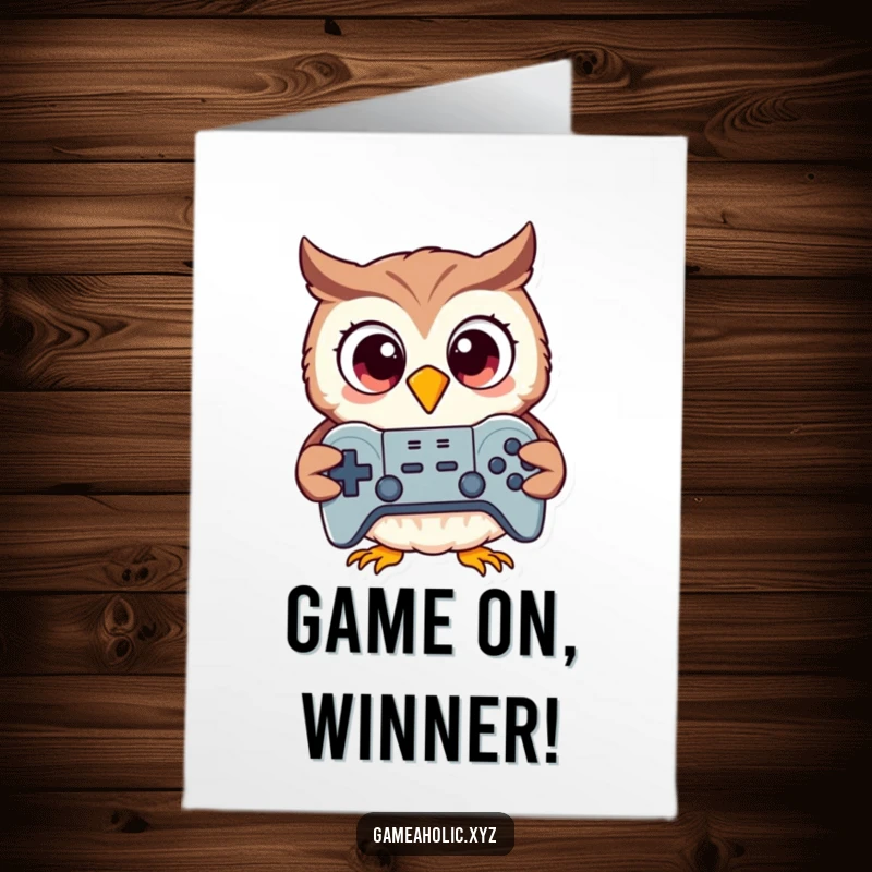 Funny Free Printable Congratulations Card with an excited owl holding a game controller, symbolizing a big win and gaming triumph.
