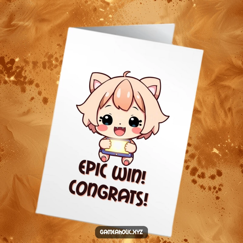 Funny Free Printable Congratulations Card: A happy character intensely focused on a glowing screen, cheering for your spectacular win.
