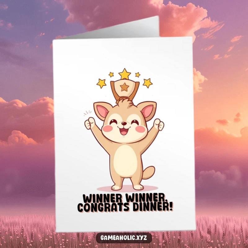Funny Free Printable Congratulations Card: Animal character beaming with pride, holding a digital award aloft in triumph.