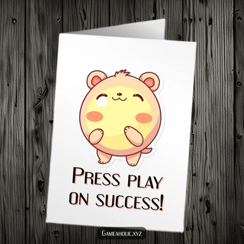 Funny Free Printable Congrats Card: A round animal character eagerly pushing a glowing button, symbolizing taking action and achieving goals.