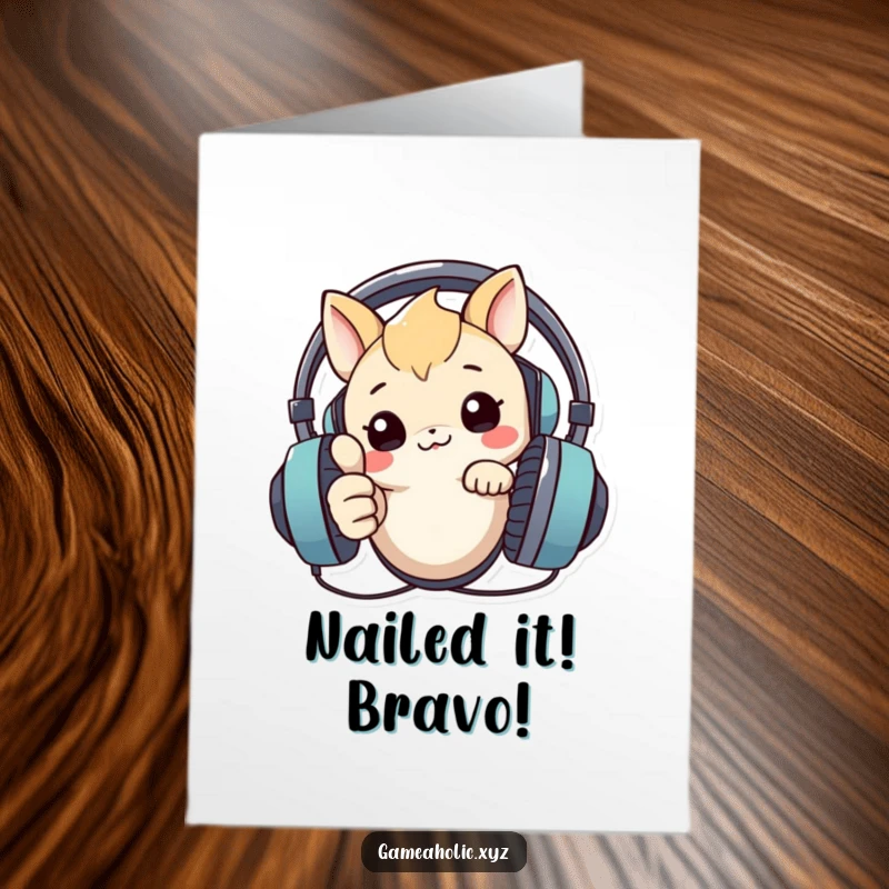 Funny Free Printable Congratulations Card: A creature peers over a big headset, flashing a cool thumbs up.