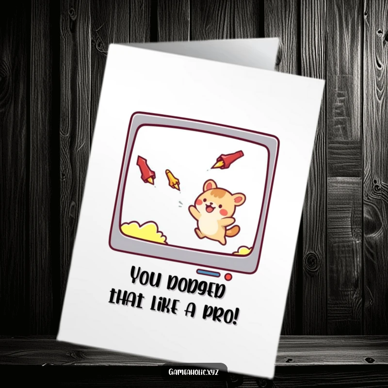 Funny Free Printable Congrats Card: Adorable animal character triumphantly dodging falling projectiles, a symbol of overcoming challenges.