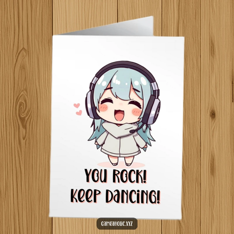 Funny Free Printable Congratulations Card: Character wearing headphones, wiggling with delight, feeling the rhythm of success.