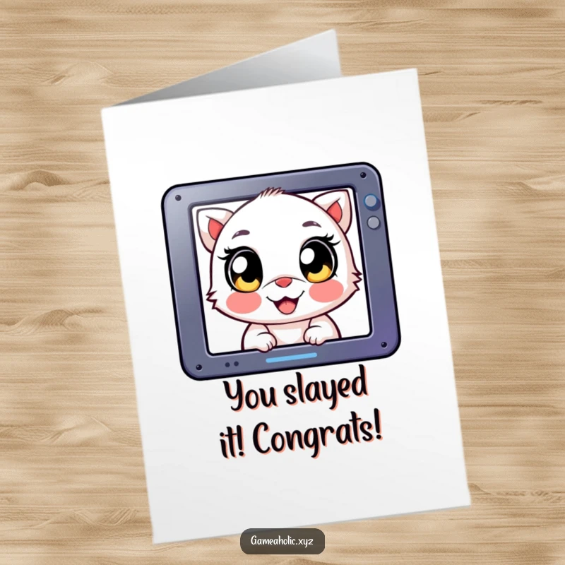 Funny Free Printable Congrats Card: A creature with huge, happy eyes is intensely focused on a screen, celebrating a win.