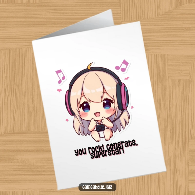 Funny Free Printable Congrats Card: Gamer with headphones bobbing head to music, celebrating a big win.