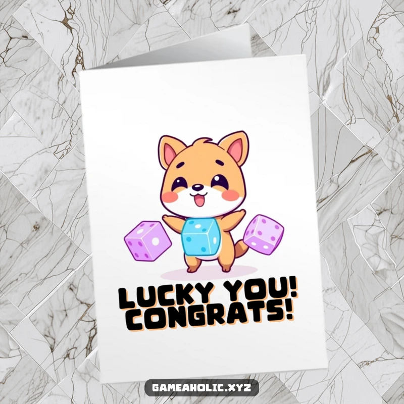 Funny Free Printable Congrats Card: Playful animal juggling glowing digital dice, celebrating good fortune and success.