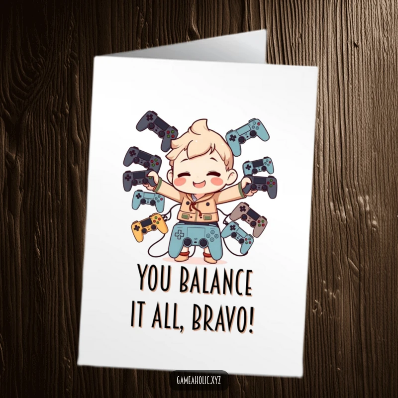 Funny Free Printable Congrats Card: A character grins goofily while perfectly balancing a stack of various game controllers.