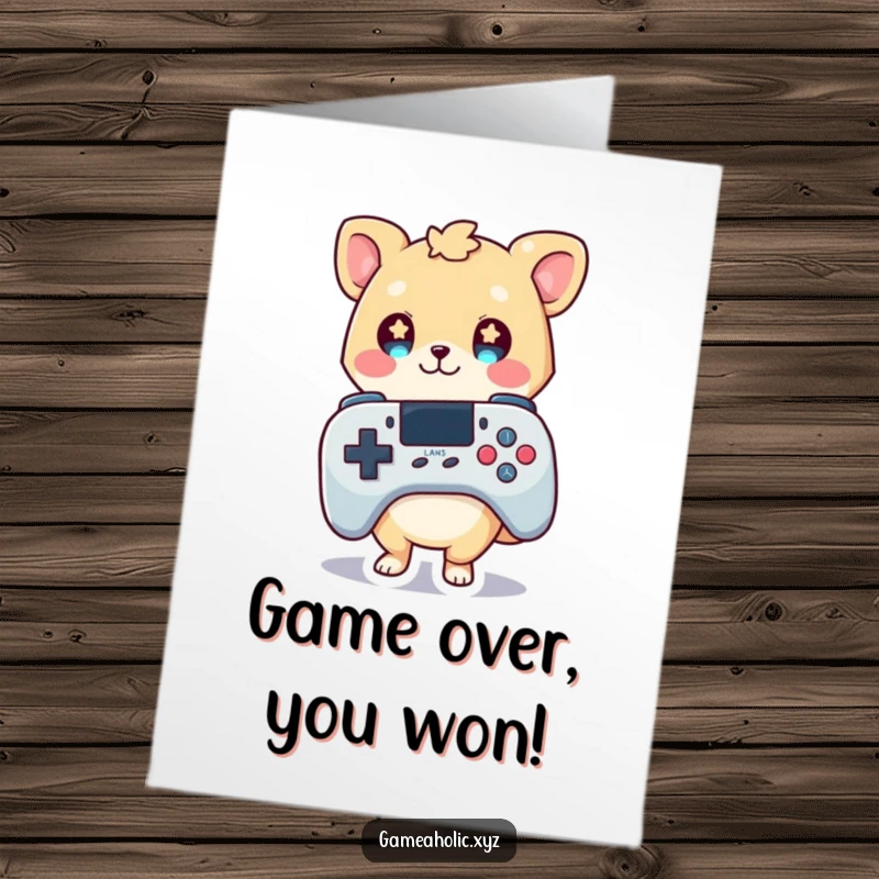 Funny Free Printable Congratulations Card: A cute animal character gazing with starry eyes at a massive game controller, symbolizing victory.