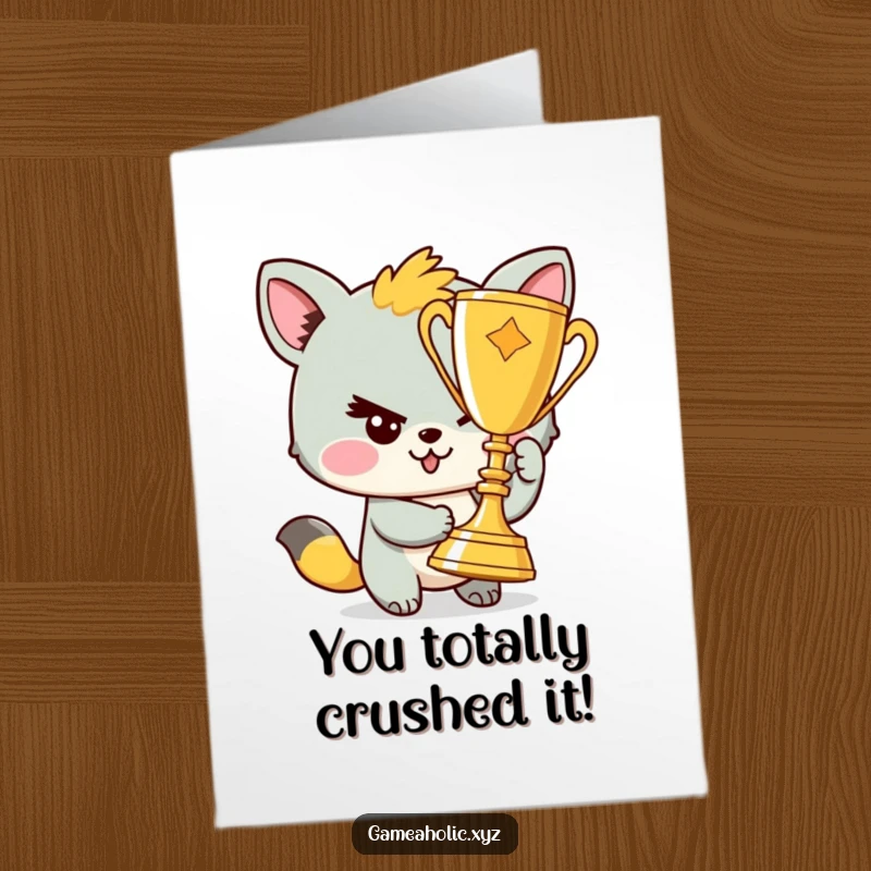 Funny Free Printable Congratulations Card: Mischievous animal winks gleefully holding a shiny trophy, a symbol of success.