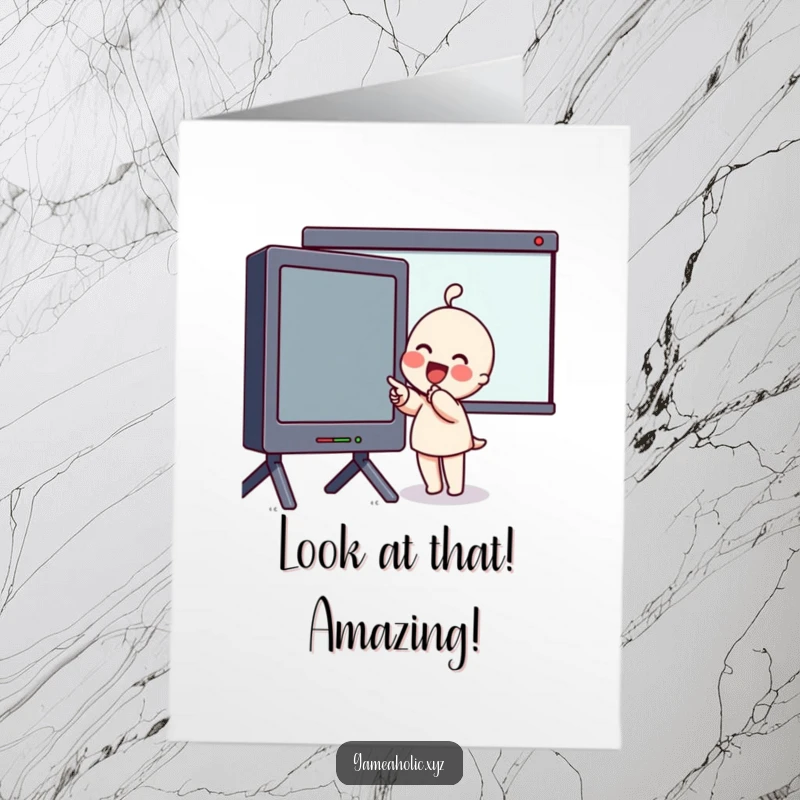 Funny Free Printable Congratulations Card: Character with rosy cheeks excitedly pointing at a giant screen, marveling at a fantastic achievement.