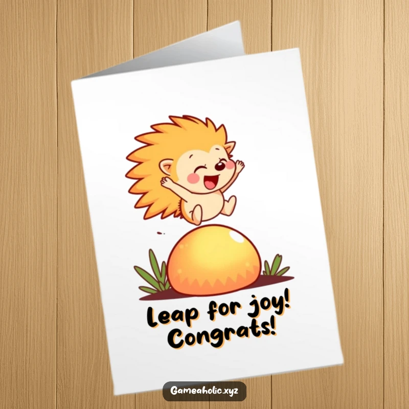 Funny Free Printable congratulations card with a happy hedgehog leaping over a glowing mushroom, symbolizing a triumphant and exciting achievement.