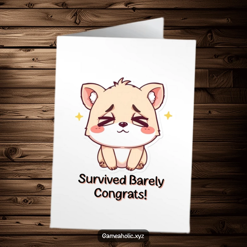 Funny Free Printable Congratulations Card featuring an exhausted small animal with crossed eyes, smiling, celebrating success. A humorous acknowledgment of hard work.