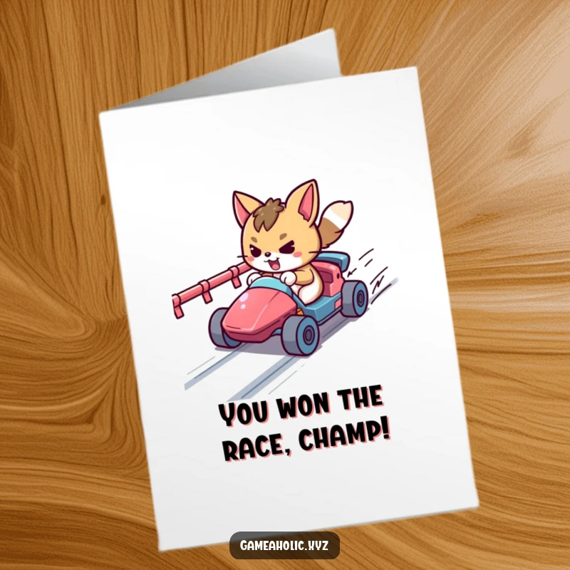 Funny Free Printable Congratulations Card showing a determined animal racing a tiny vehicle on a pixel track, celebrating a well-deserved win.