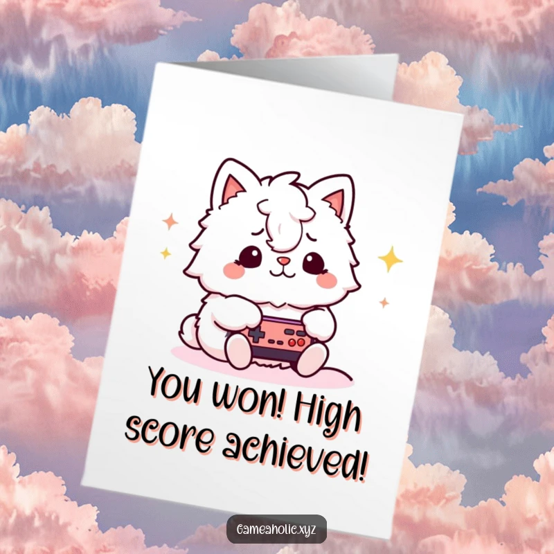 Funny Free Printable Congratulations Card: Fluffy gamer animal celebrating a gaming victory, perfect for any achievement.
