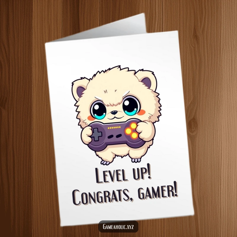 Funny Free Printable Congrats Card: Fuzzy creature triumphantly holding a game controller after a big win, celebrating success.