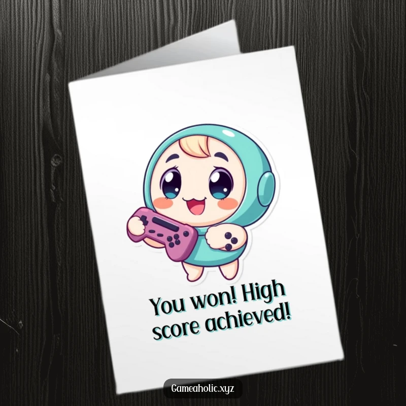 Funny Free Printable Congrats Card: Round character with wide eyes, cheering excitedly while holding a game controller.