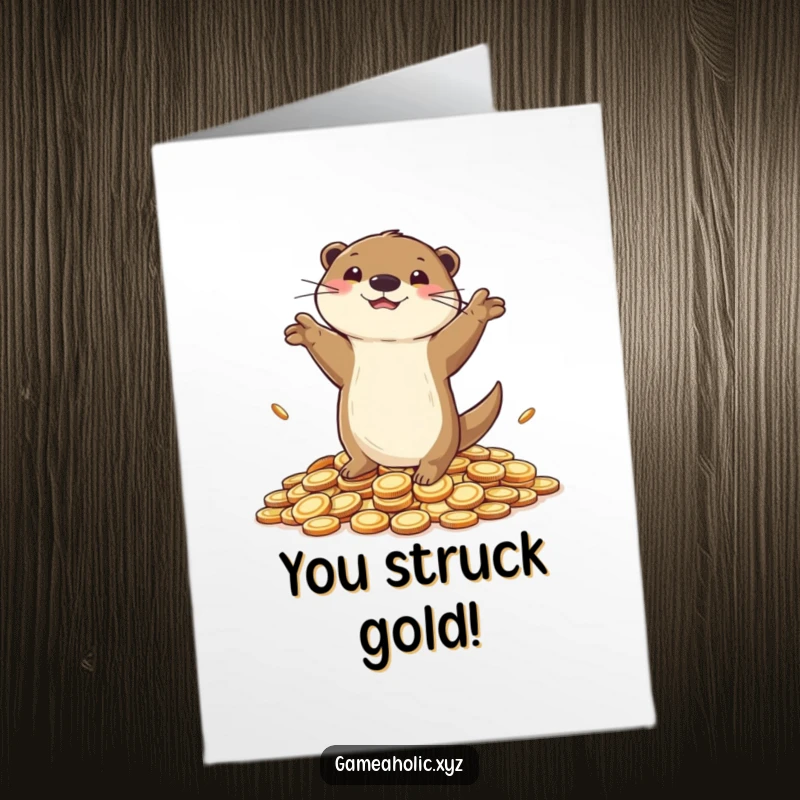 Funny Free Printable Congratulations Card showing a happy otter dancing gleefully on a pile of coins after a win.