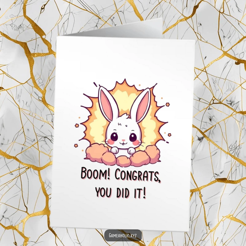 Funny Free Printable congratulations card, a curious rabbit peering behind a massive pixelated explosion, celebrating big wins.