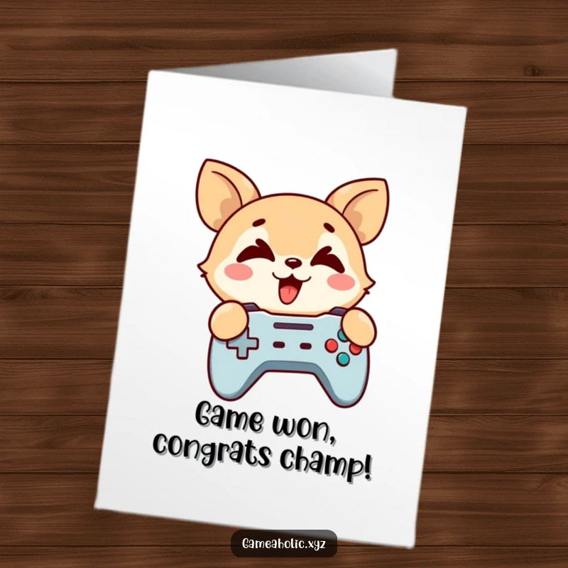 Funny Free Printable Congratulations Card: A cross-eyed animal character clutches a game controller, cheering for a win.