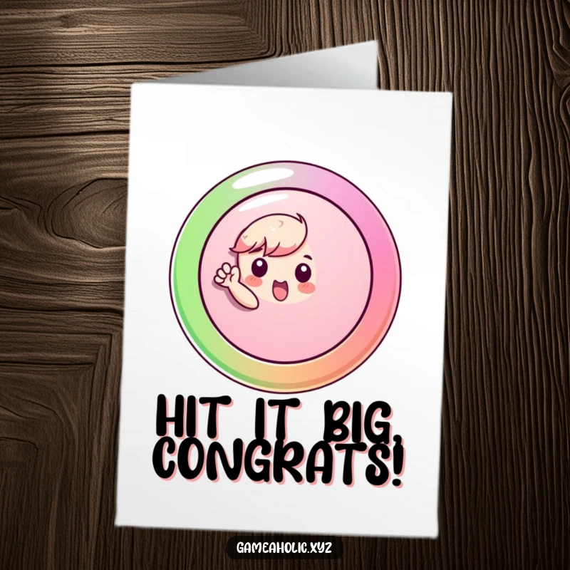 Funny Free Printable Congratulations Card: An eager character enthusiastically pushing a large, colorful button to mark an achievement.