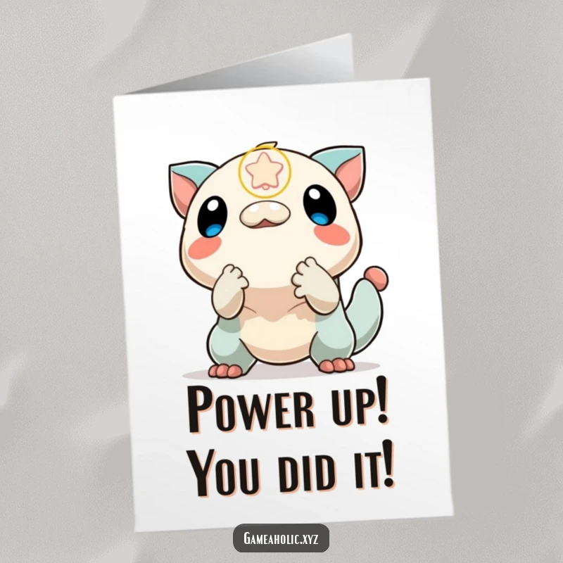 Funny Free Printable Congrats Card: Creature excitedly reaching for a falling power-up icon, celebrating a win.