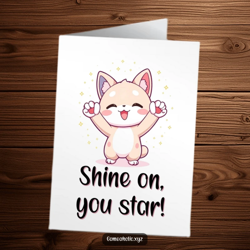 Free printable congratulations card showing a character cheering with paws raised, surrounded by shimmering digital particles, symbolizing a grand victory.