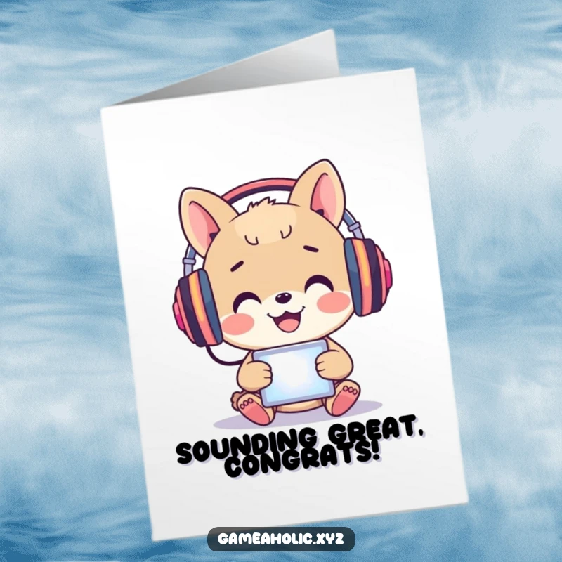 Funny Free Printable Congratulations Card: A happy animal in headphones is captivated by a glowing screen, celebrating success.