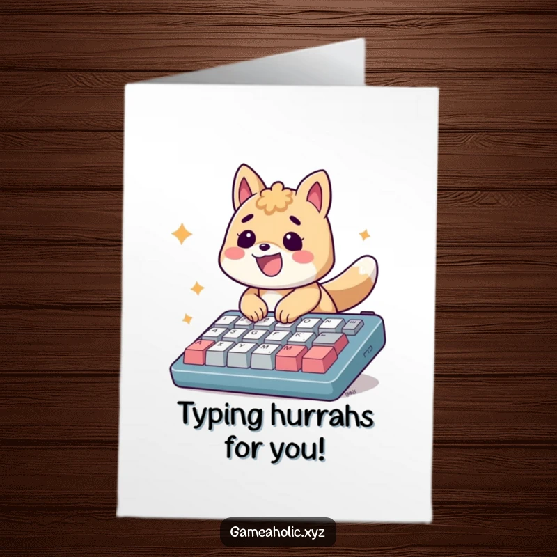 Funny Free Printable Congratulations Card: An energetic animal types rapidly, beaming with pride for their success.