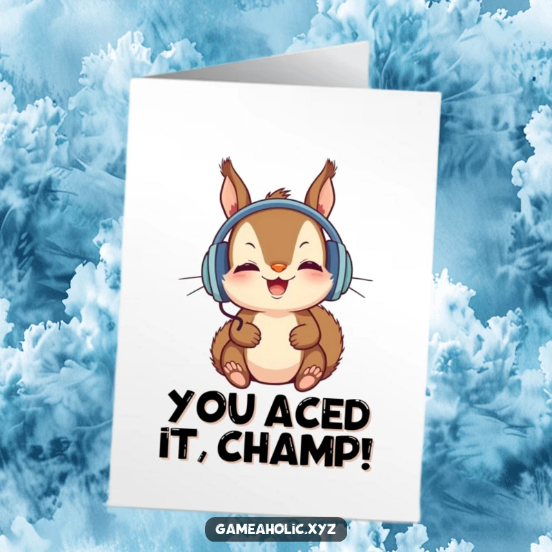 Funny Free Printable Congratulations Card showing a squirrel with oversized headphones, deeply focused on a screen in celebration.