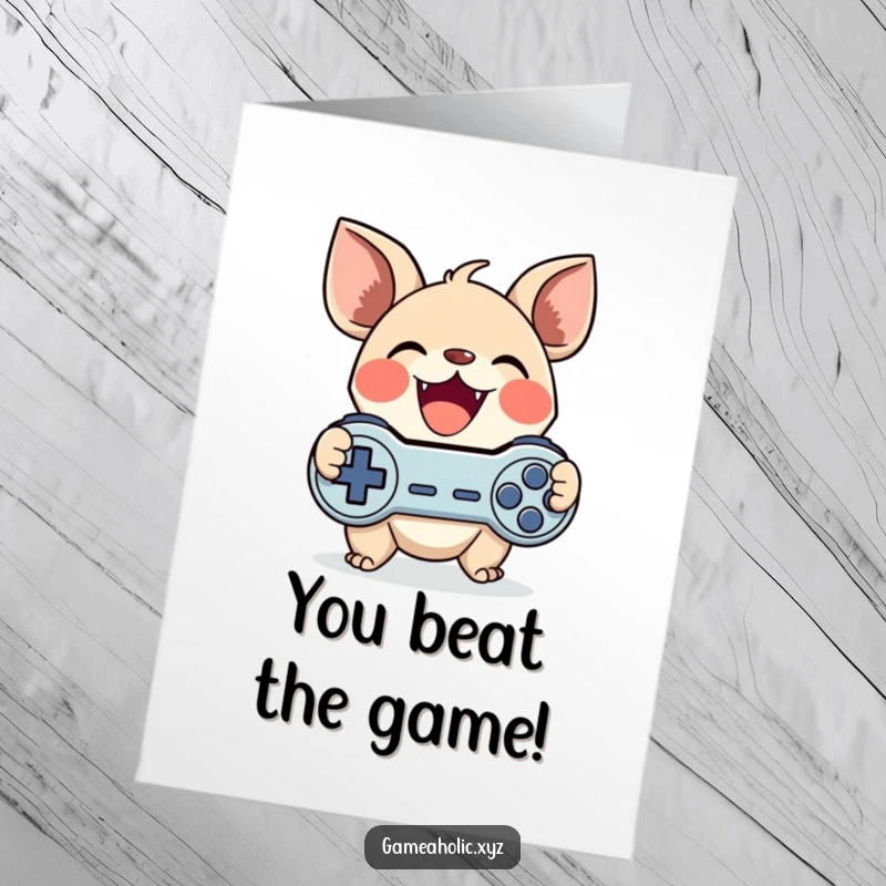 Funny Free Printable Congratulations Card: Creature with large ears gleefully holding a game controller in victory.