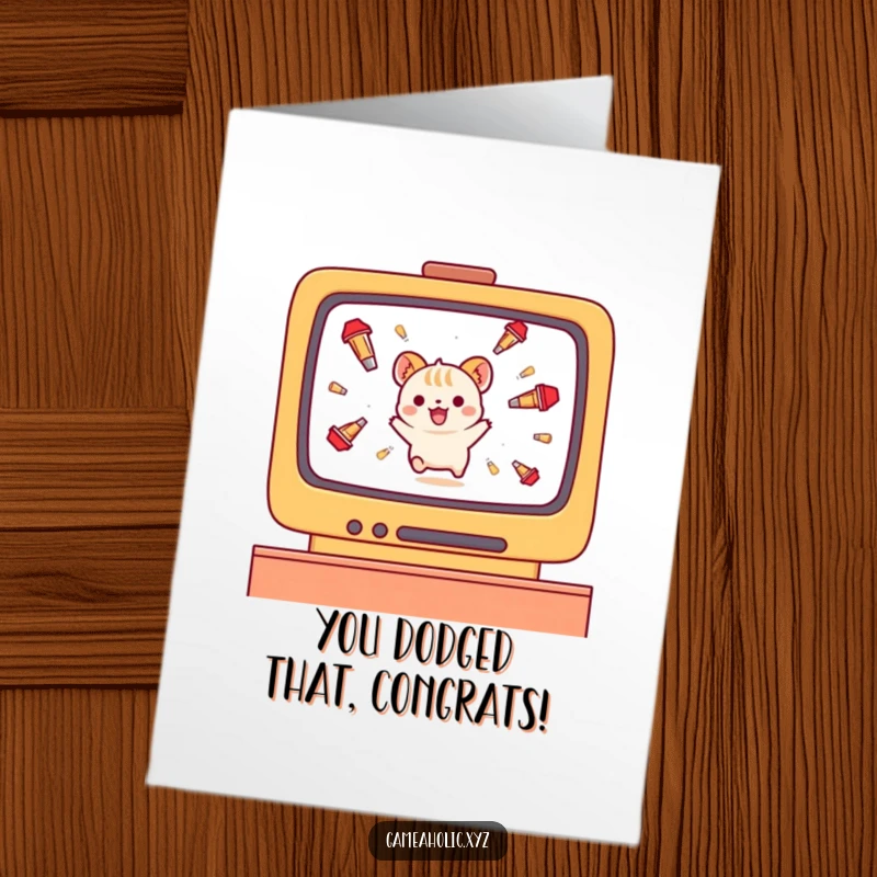 Funny Free Printable Congratulations Card: A small animal character gleefully evading falling game projectiles, a sign of skill.