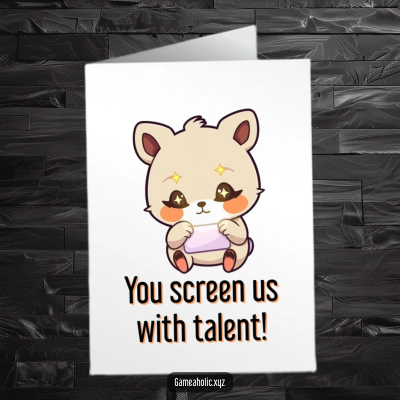 Funny Free Printable Congratulations Card: Starry-eyed animal frantically taps a glowing screen in celebration of success.