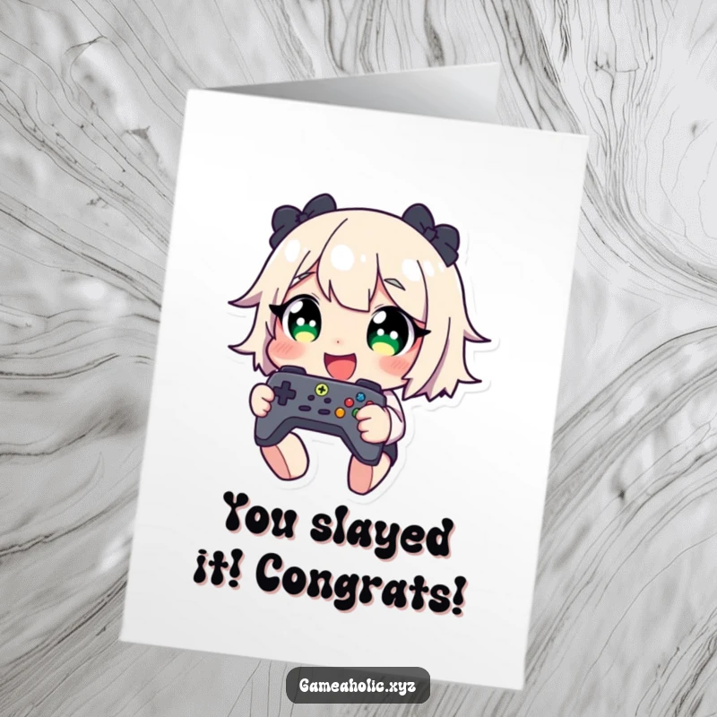 Funny Free Printable Congratulations Card: Character's eyes wide with mirth, giggling heartily while holding a game controller.