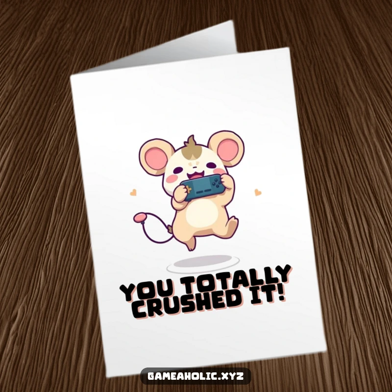 Funny Free Printable Congratulations Card: Cute creature with round ears leaps joyfully holding a game controller in victory.