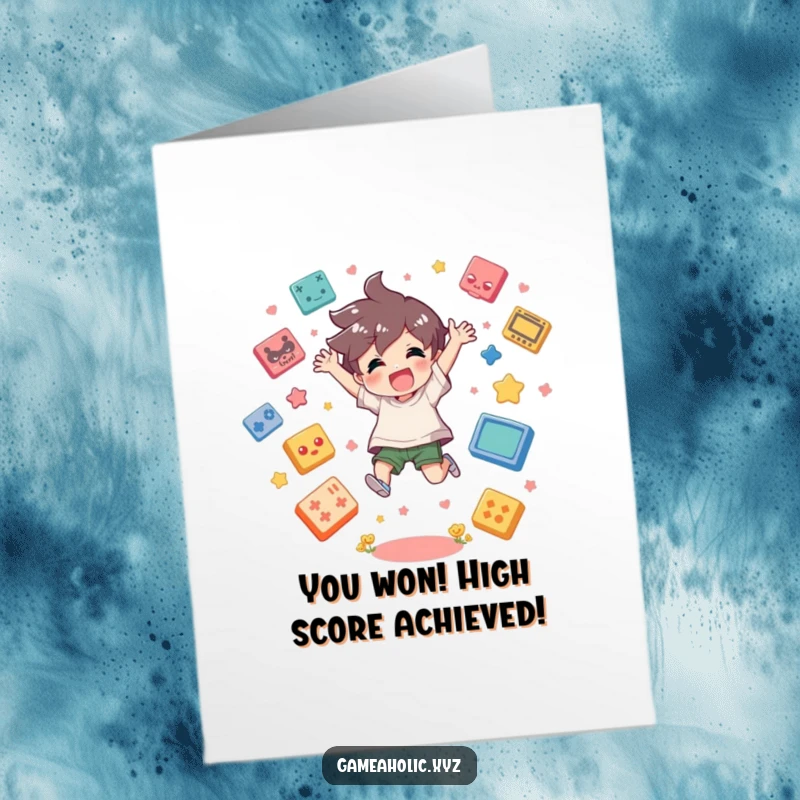 Funny Free Printable Congratulations Card: Gamer character jumping with excitement near floating game icons, celebrating a major achievement.