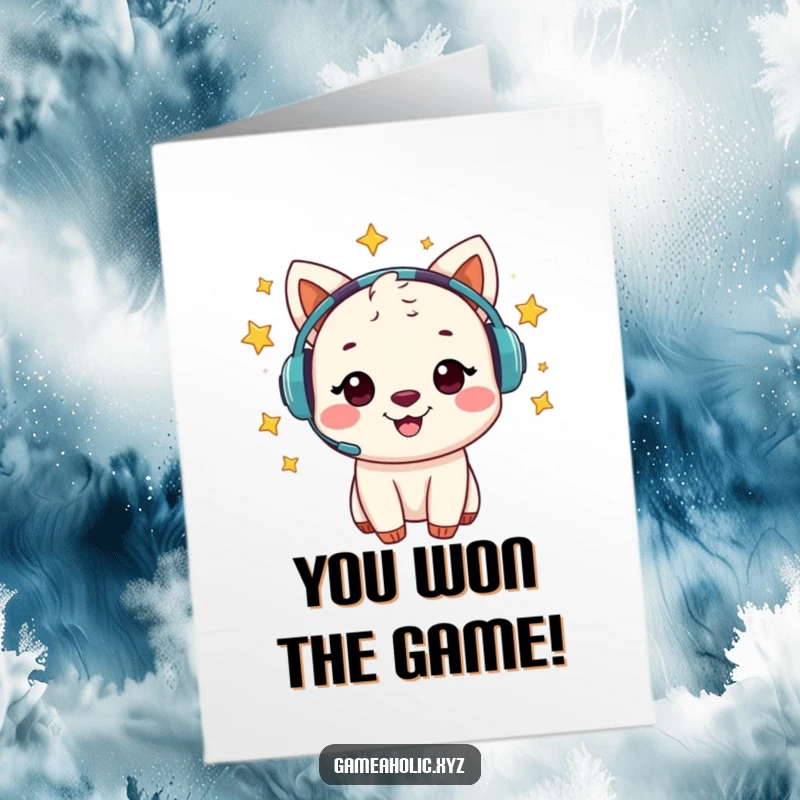 Funny Free Printable Congratulations Card: Cheerful animal gamer with stars swirling around headset, signifying victory.