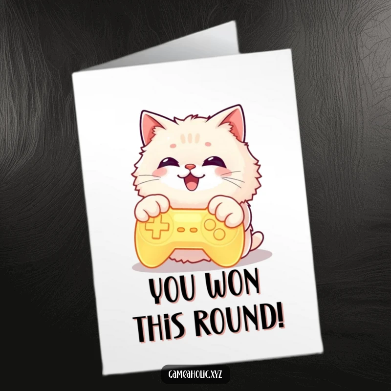 Funny Free Printable Congratulations Card: Fluffy cat with paws on a glowing game controller, grinning widely after a big win.