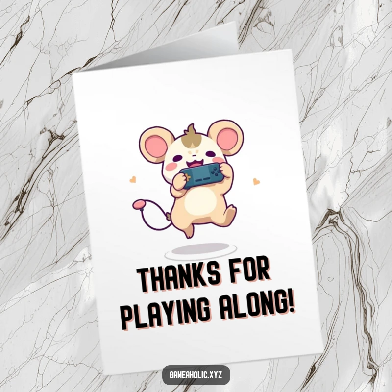 Funny Free Printable Thank You Card: A cute creature with round ears leaps joyfully holding a game controller, saying thanks.