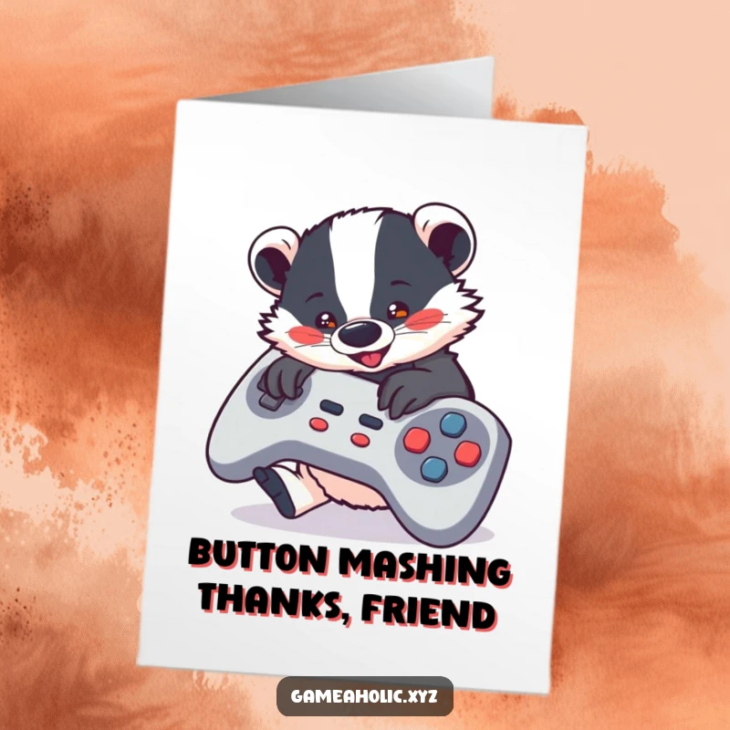 Funny Free Printable Thank You Card of a cute badger spamming buttons on a large video game controller in thanks.