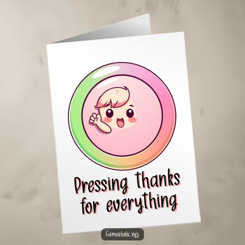 Funny Free Printable Thank You Card: A small character pressing a massive, colorful button to express heartfelt thanks.