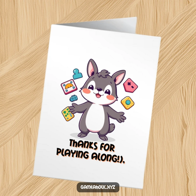 Funny Free Printable Thank You Card: A playful animal character juggles various game icons, symbolizing a deep sense of thanks.