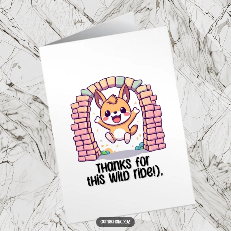 Funny Free Printable Thank You Card: An excited animal character portals through pixels, representing a thankful leap of faith.