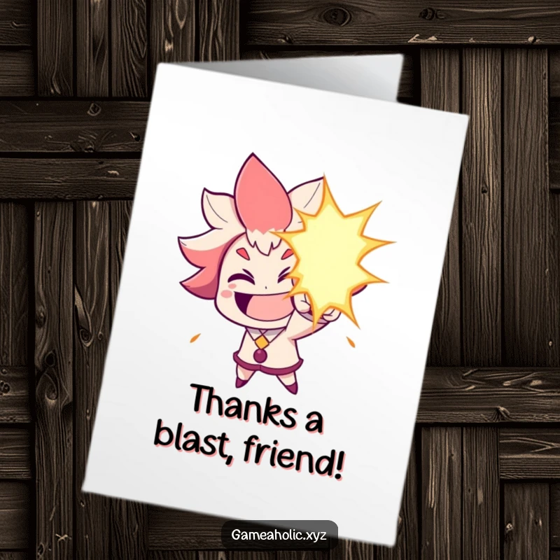 Funny free printable thank you card with a grinning character launching a humorous energy blast, expressing gratitude in a memorable way.