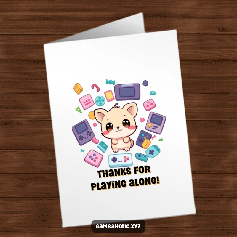 Funny Free Printable Thank You Card: Wide-eyed gaming animal surprised by icons, a humorous way to say thanks.