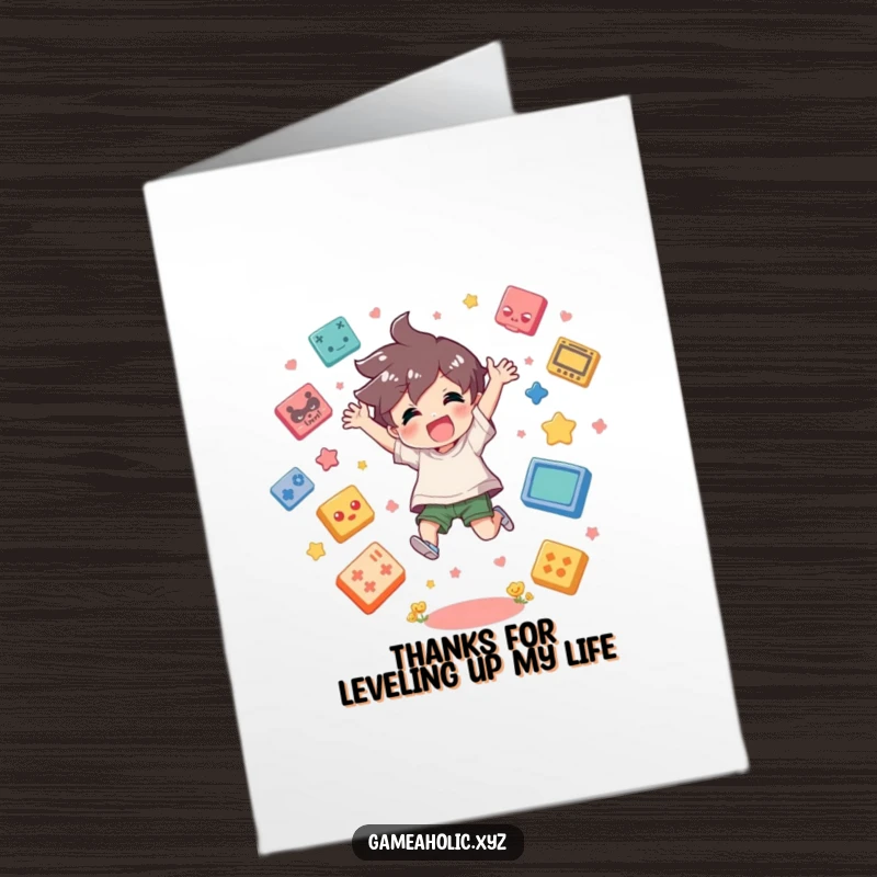 Funny Free Printable Thank You Card: Gamer character jumping joyfully, surrounded by game icons, expressing heartfelt thanks.